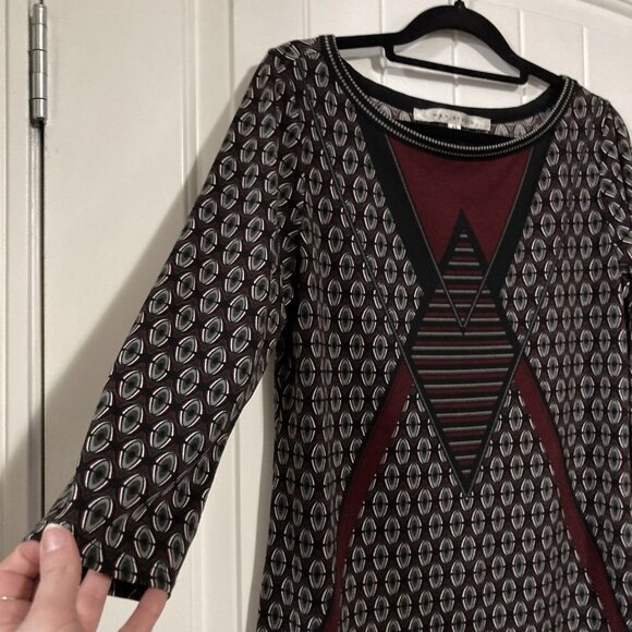 MAX STUDIO Geometric print black burgundy 3/4th sleeve top ~ XS SMALL goth shirt - Picture 6 of 15